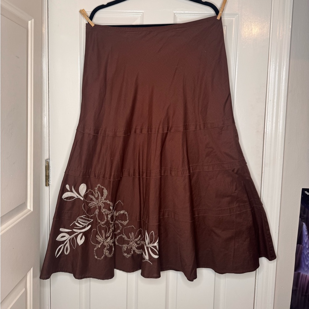 Karen Kane Chocolate Brown A-Line Skirt with Floral Embroidery